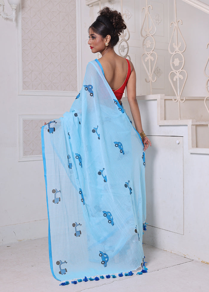 Sky Blue Cotton Uber Print Saree Without Blouse Piece Free Shipping With Mastercard