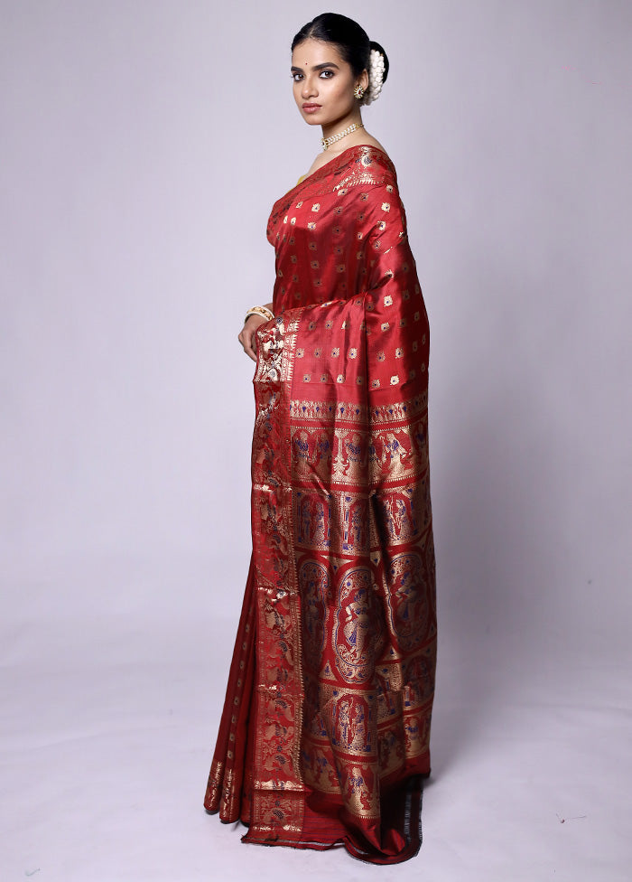 Red Handloom Baluchari Pure Silk Saree With Blouse Piece Free Shipping For Sale