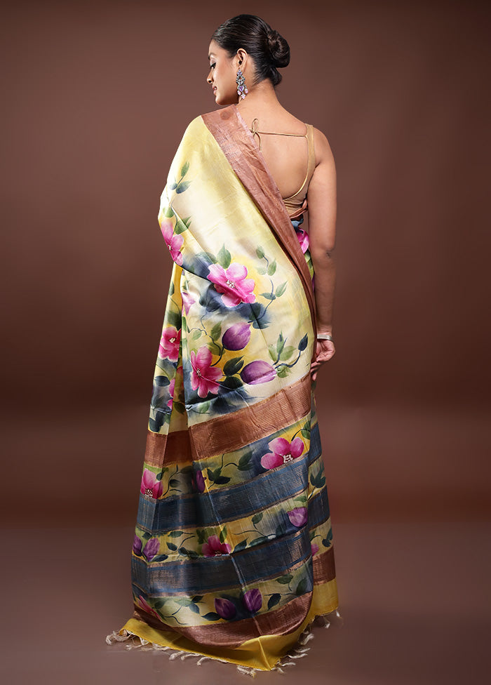 Yellow Handloom Tussar Pure Silk Saree With Blouse Piece Browse