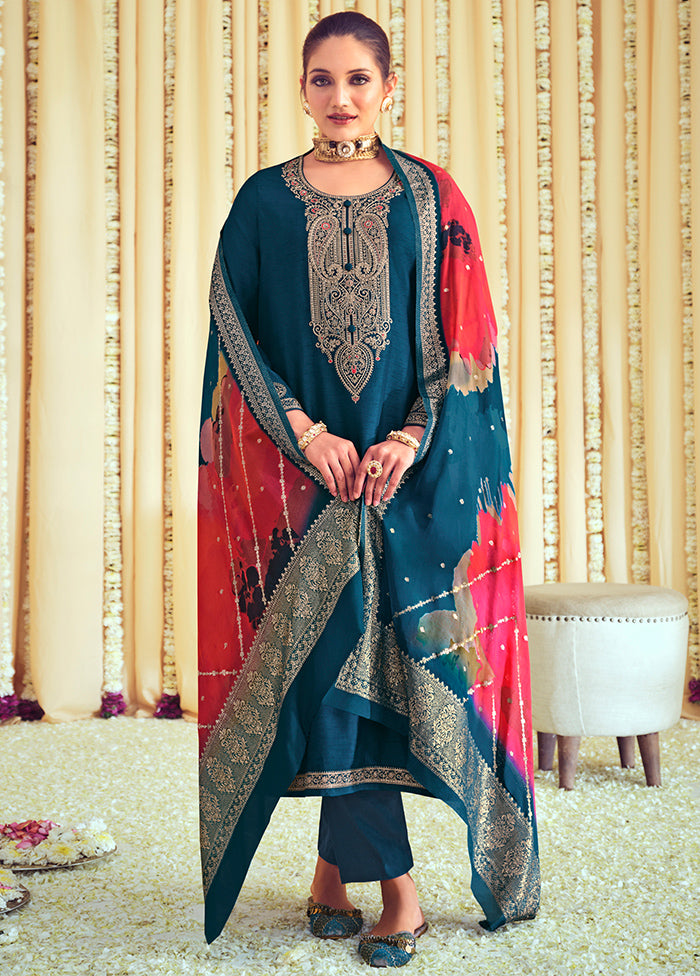 3 Pc Navy Blue Unstitched Pure Silk Suit Set Good Selling Sale Online