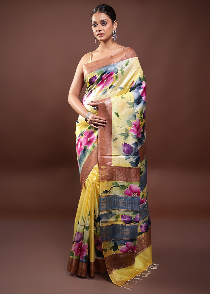 Yellow Handloom Tussar Pure Silk Saree With Blouse Piece Browse