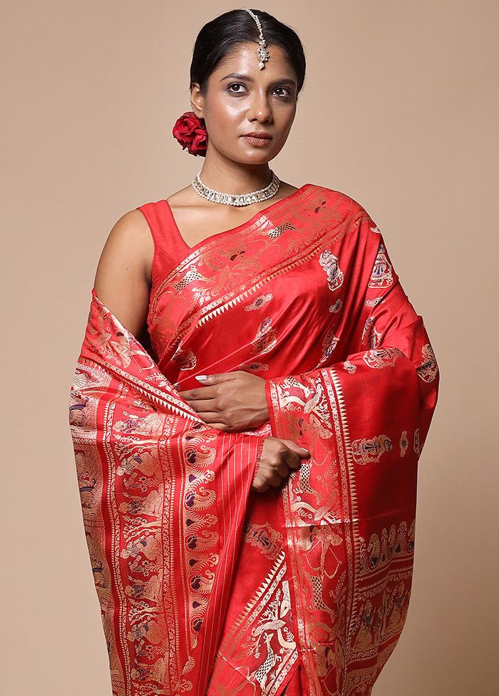 Red Handloom Baluchari Pure Silk Saree With Blouse Piece Clearance Exclusive