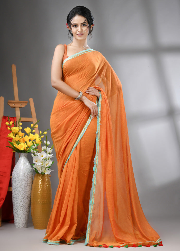 Orange Cotton Solid Saree Without Blouse Piece Free Shipping For Cheap