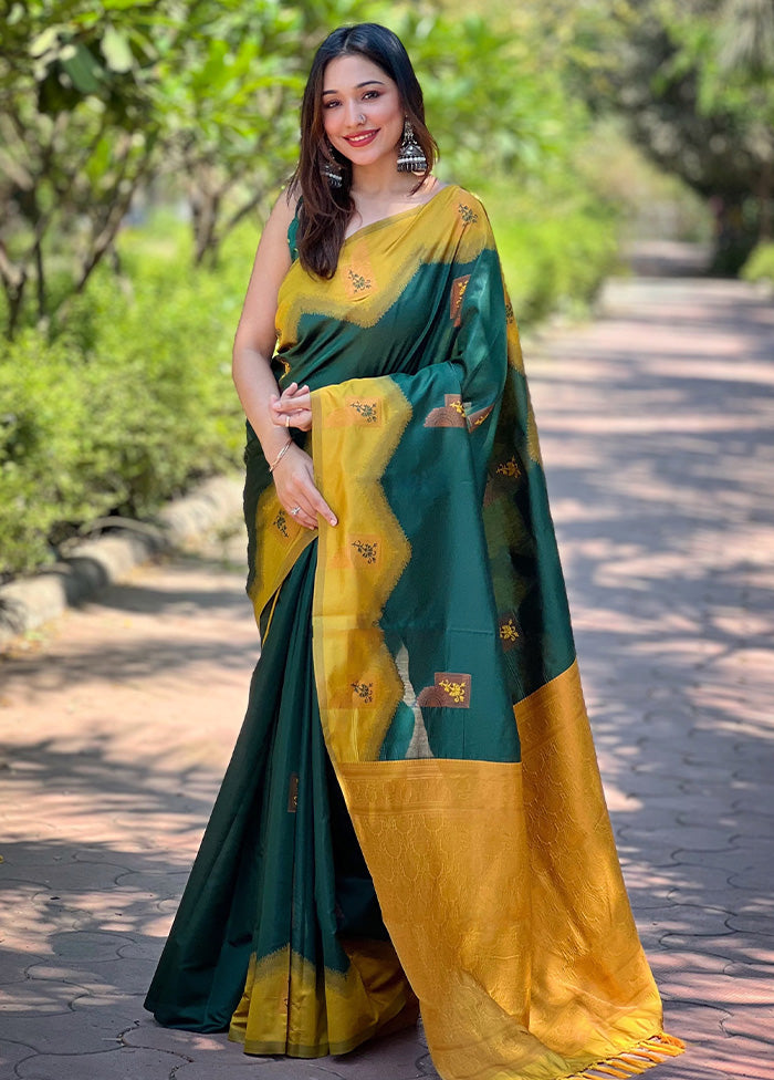 Bottle Green Banarasi Silk Saree With Blouse Piece Cheap Sale 2025 Unisex