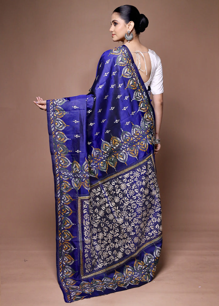 Blue Handloom Kantha Stitch Pure Silk Saree With Blouse Piece Clearance Online Fake