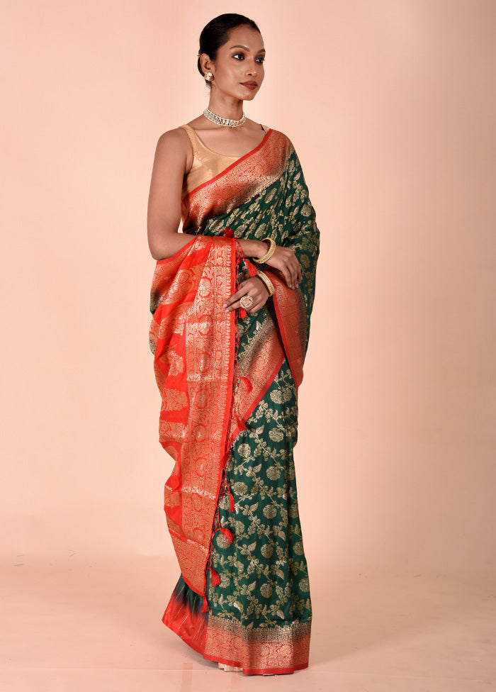 Green Dupion Silk Saree With Blouse Piece Brand New Unisex Cheap Online