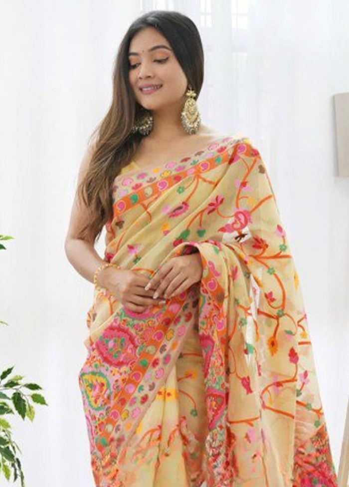 Light Yellow Banarasi Silk Saree With Blouse Piece Free Shipping With Mastercard