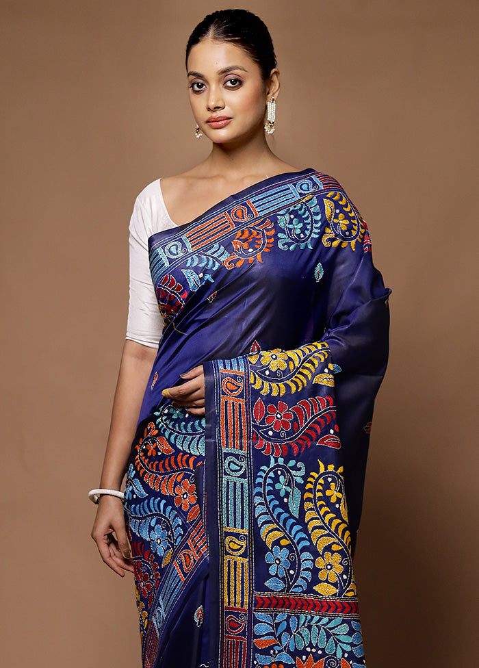 Blue Kantha Stitch Silk Saree With Blouse Piece 2025 New