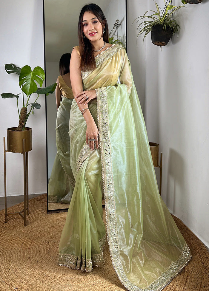 Green Spun Silk Saree With Blouse Piece Cheap Supply