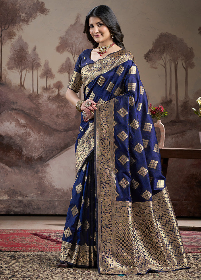 Navy Blue Spun Silk Saree With Blouse Piece Outlet Hot Sale