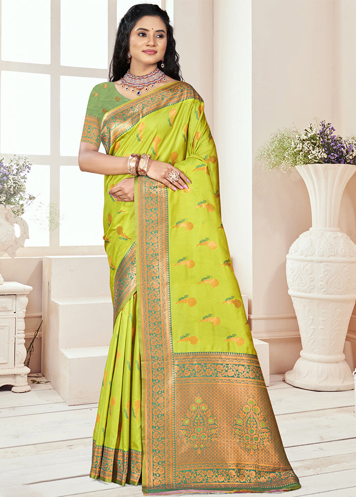 Parrot Green Dupion Silk Saree With Blouse Piece Excellent