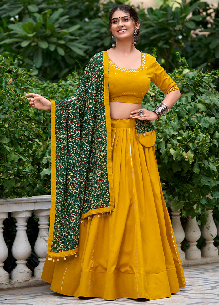 3 Pc Mustard Pure Cotton Semi Stitched Lehenga Set Clearance Good Selling