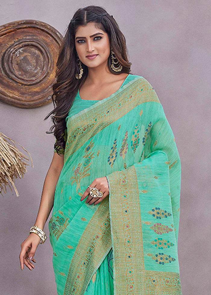 Sea Green Linen Silk Saree With Blouse Piece Clearance Best Place