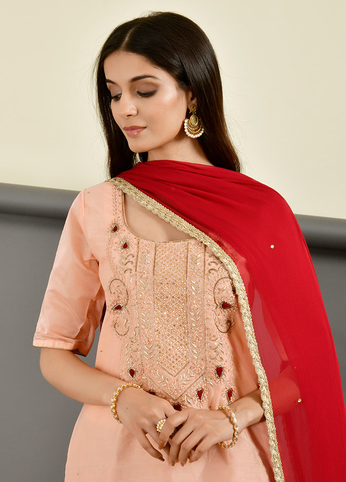 3 Pc Peach Gota Pati Work Chanderi Suit Set With Dupatta Sale For Cheap