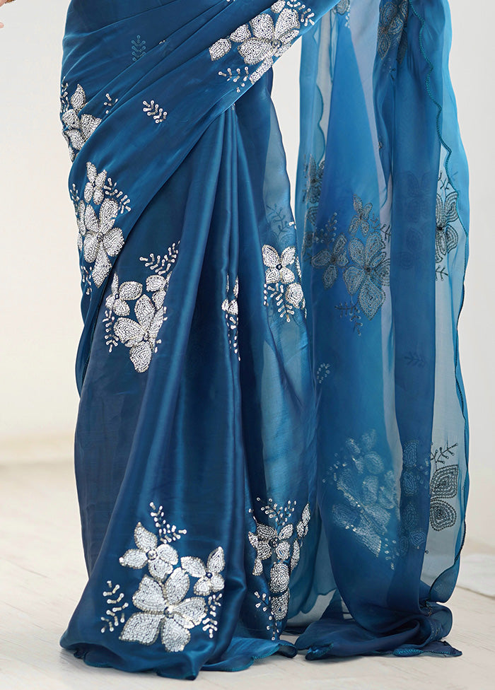 Blue Spun Silk Saree With Blouse Piece Free Shipping Huge Surprise