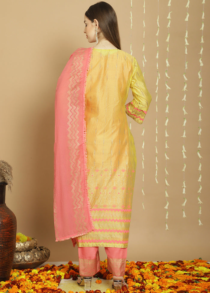 3 Pc Yellow Unstitched Chanderi Suit Set Classic Cheap Pice