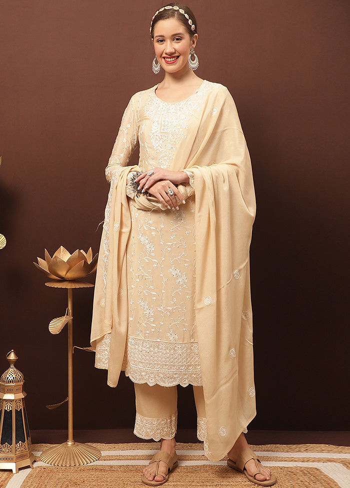 3 Pc Beige Unstitched Suit Set With Dupatta For Sale For Sale