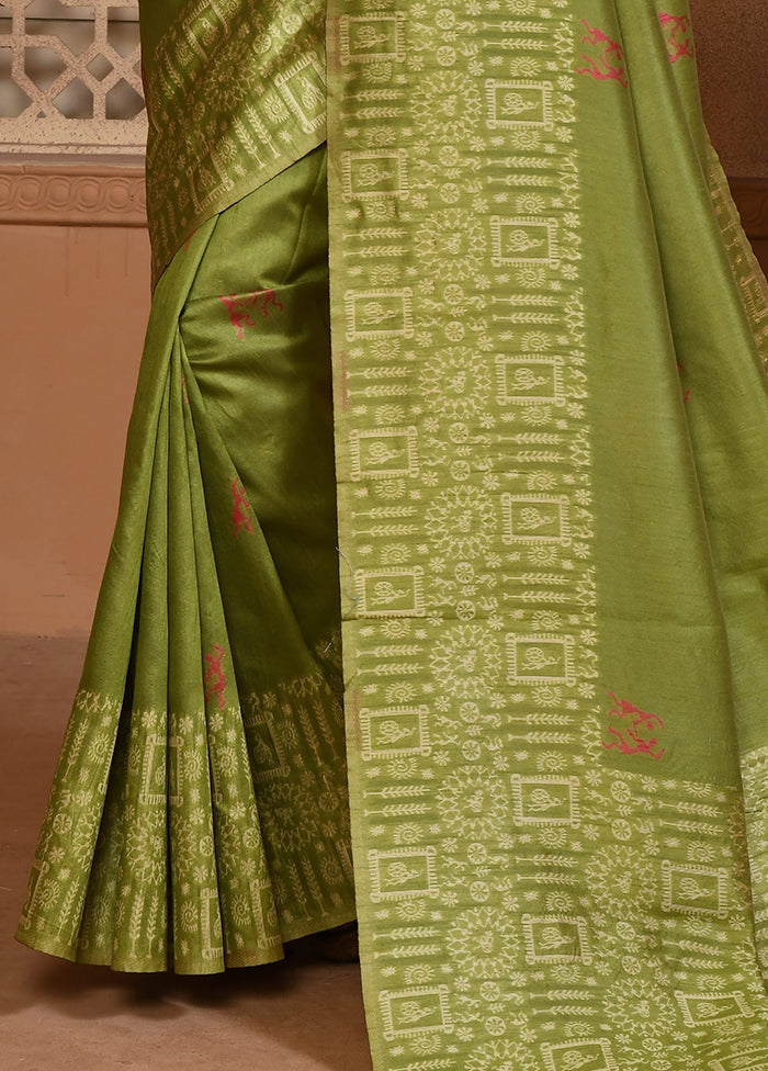 Green Spun Silk Saree With Blouse Piece 2025 Unisex