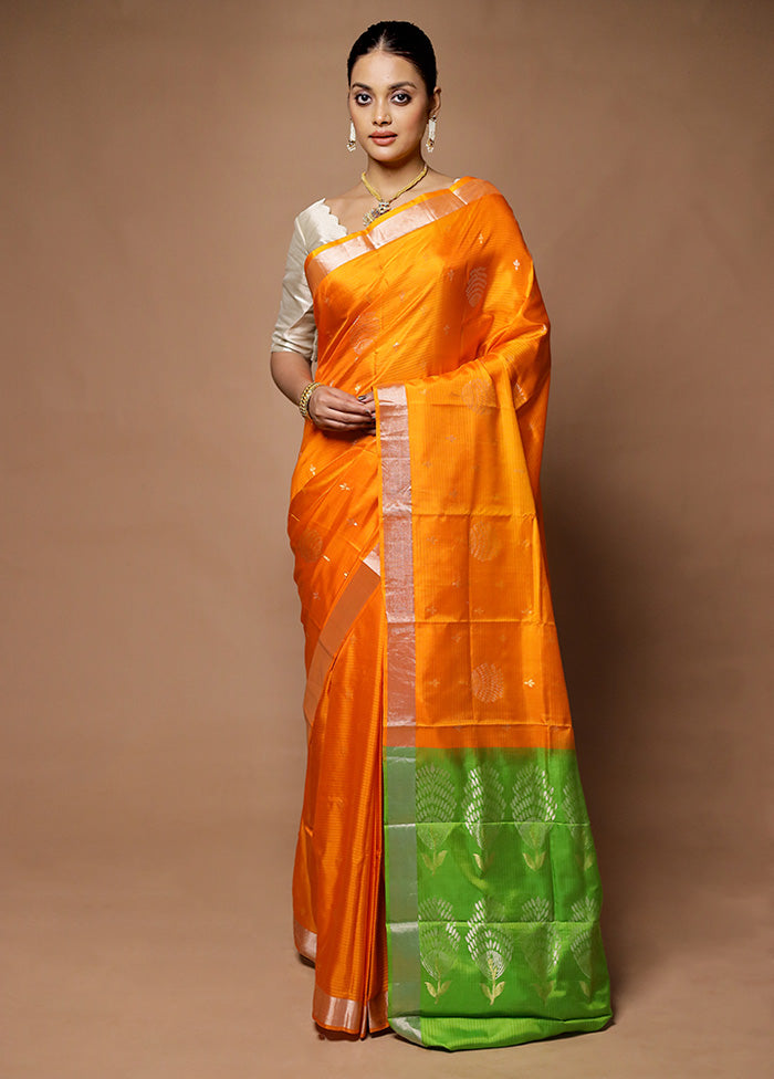 Orange Handloom Kanjivaram Pure Silk Saree With Blouse Piece Buy Cheap Best Pices