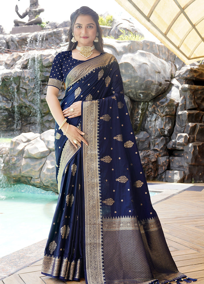 Navy Blue Satin Silk Saree With Blouse Piece Outlet Amazing Pice