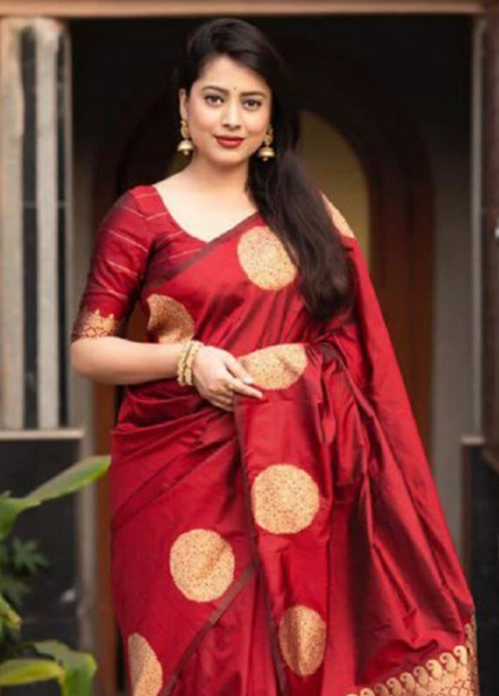 Red Banarasi Silk Saree With Blouse Piece Cheap Sale Popular