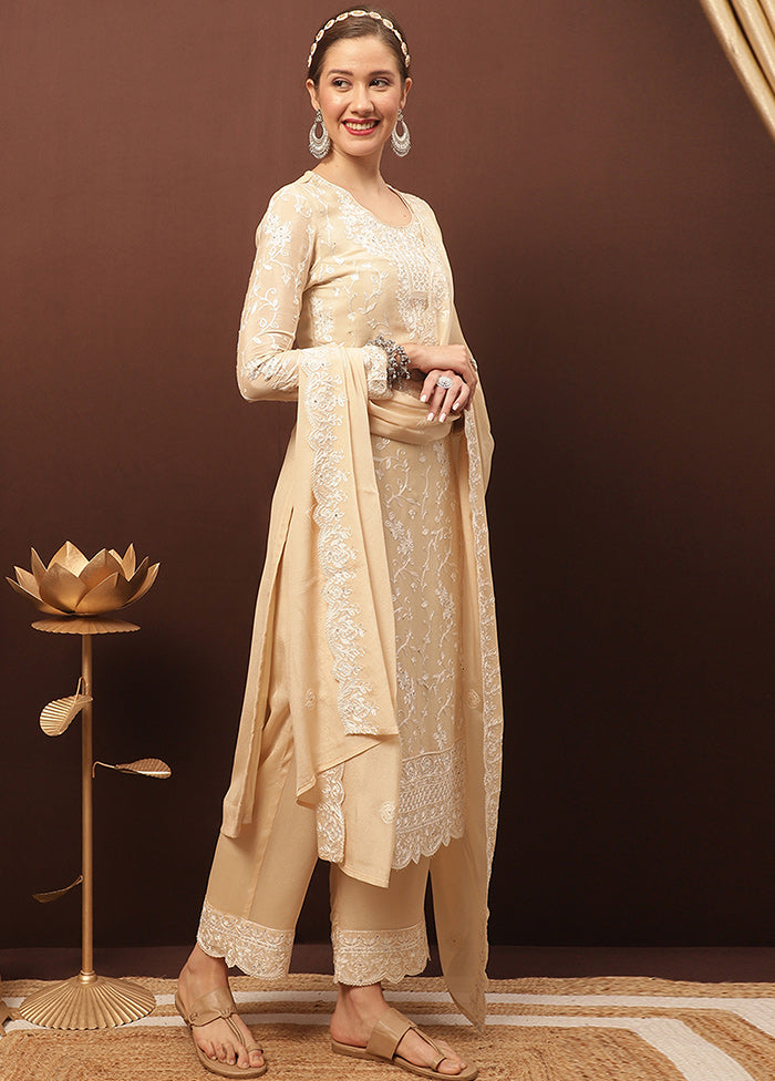 3 Pc Beige Unstitched Suit Set With Dupatta For Sale For Sale