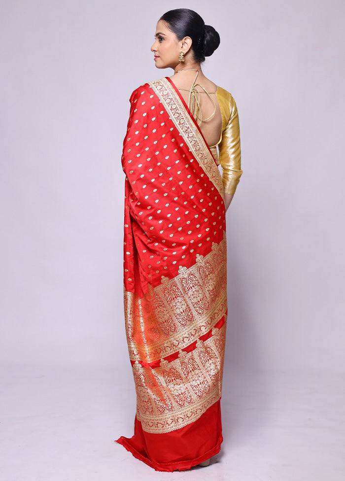 Red Handloom Banarasi Pure Silk Saree With Blouse Piece Cheap Sale Get Authentic