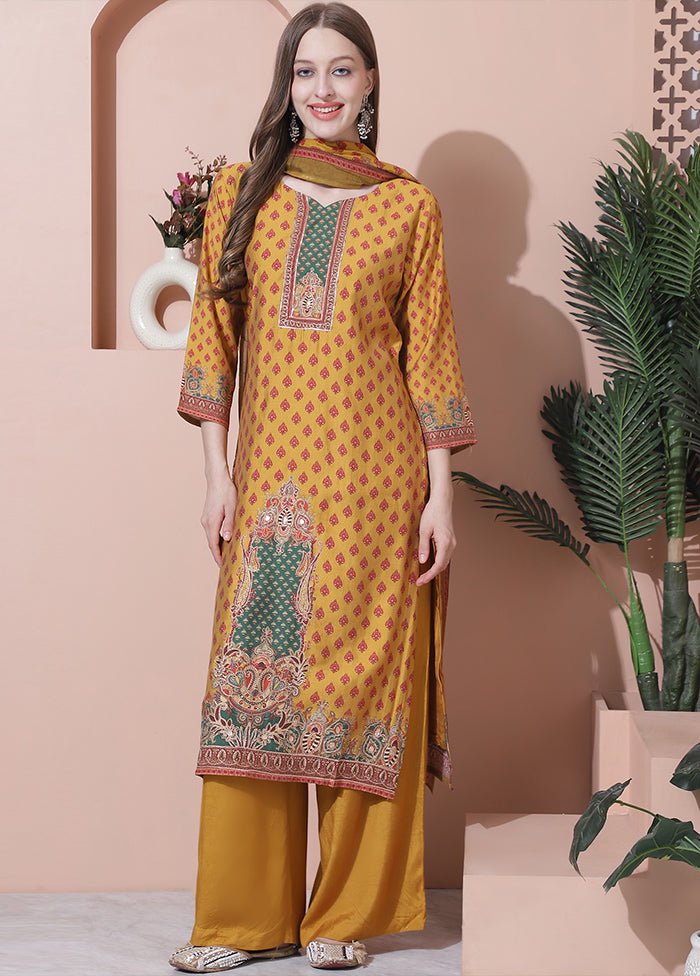 3 Pc Mustard Unstitched Silk Suit Set Buy Cheap Limited Edition