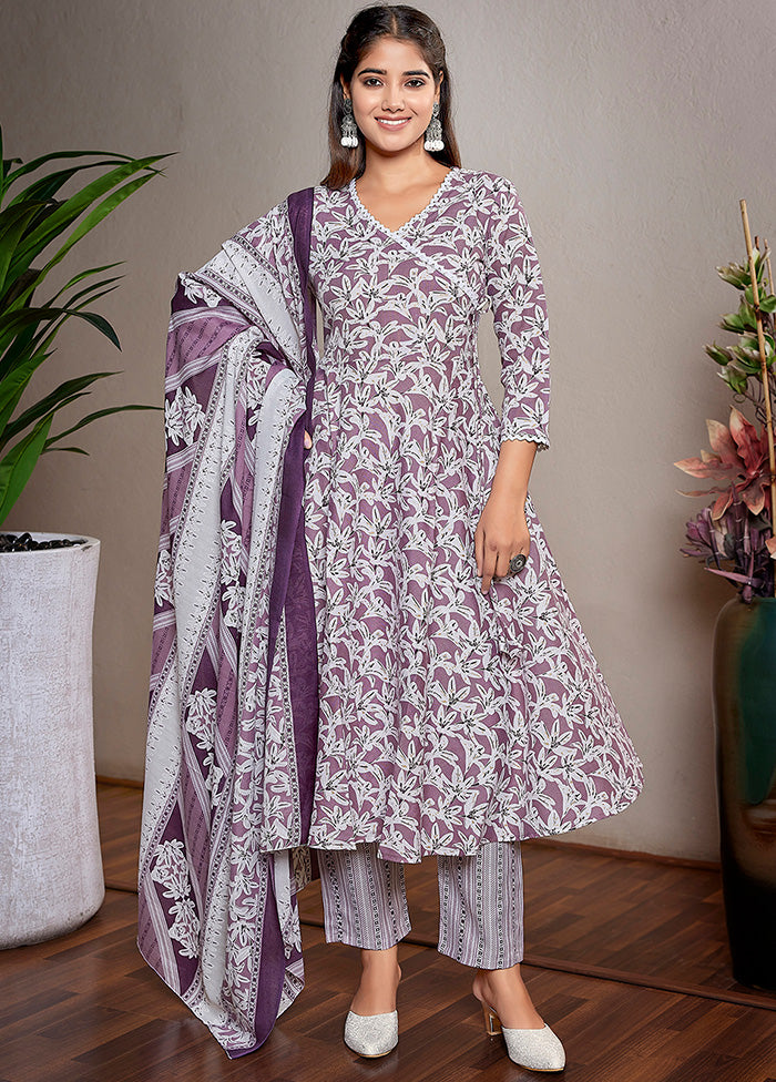 3 Pc Purple Readymade Cotton Suit Set Cheap Order