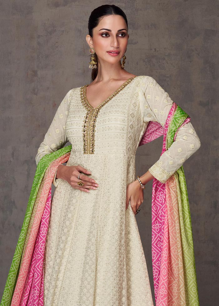 3 Pc Cream Semi Stitched Georgette Suit Set Outlet Sast