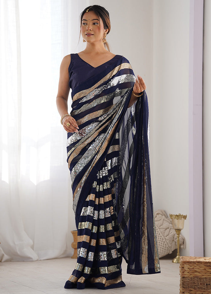 Navy Blue Georgette Saree With Blouse Piece Free Shipping Hot Sale