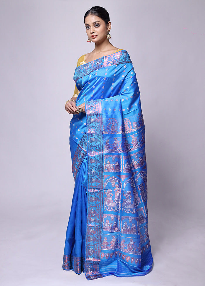 Blue Handloom Baluchari Pure Silk Saree With Blouse Piece Big Sale Cheap Online