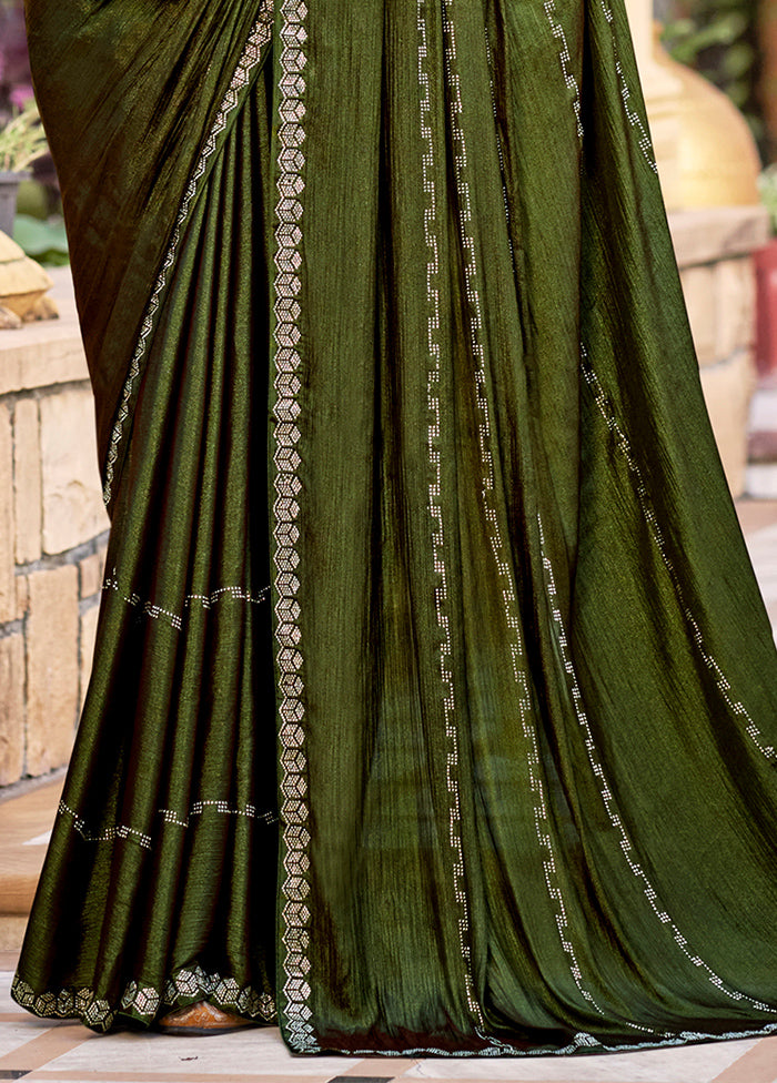 Olive Green Chiffon Silk Saree With Blouse Piece Very Cheap Sale Online