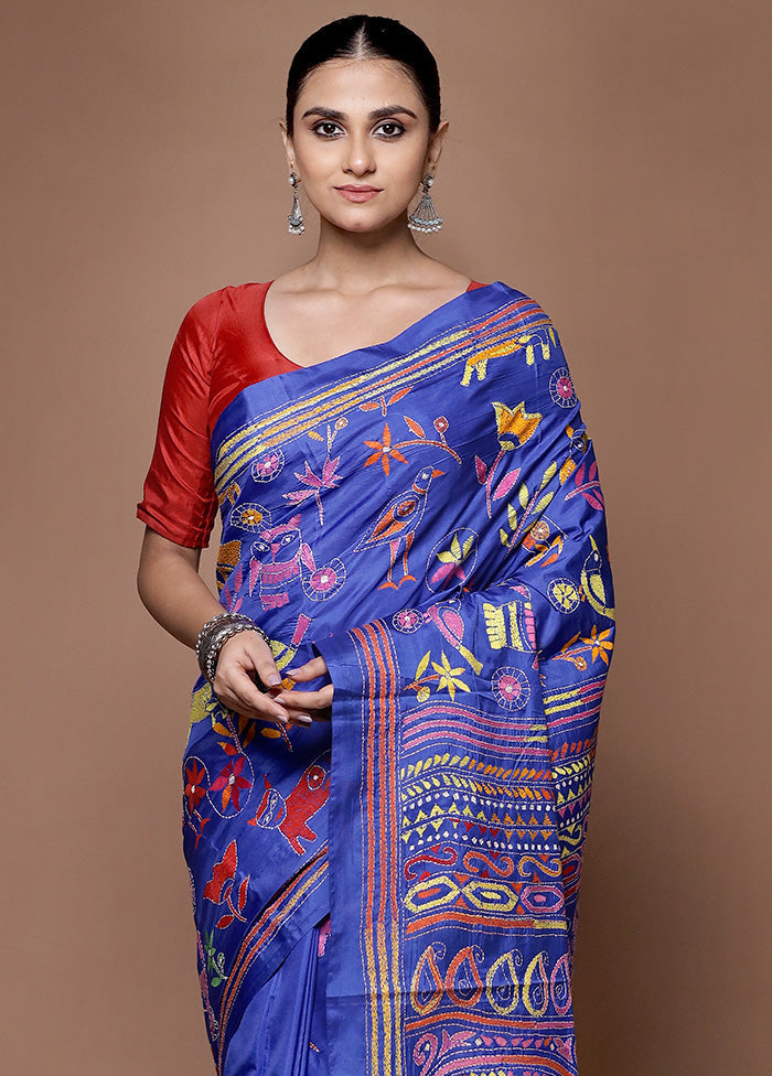 Blue Kantha Stitch Silk Saree With Blouse Piece Buy Cheap Choice