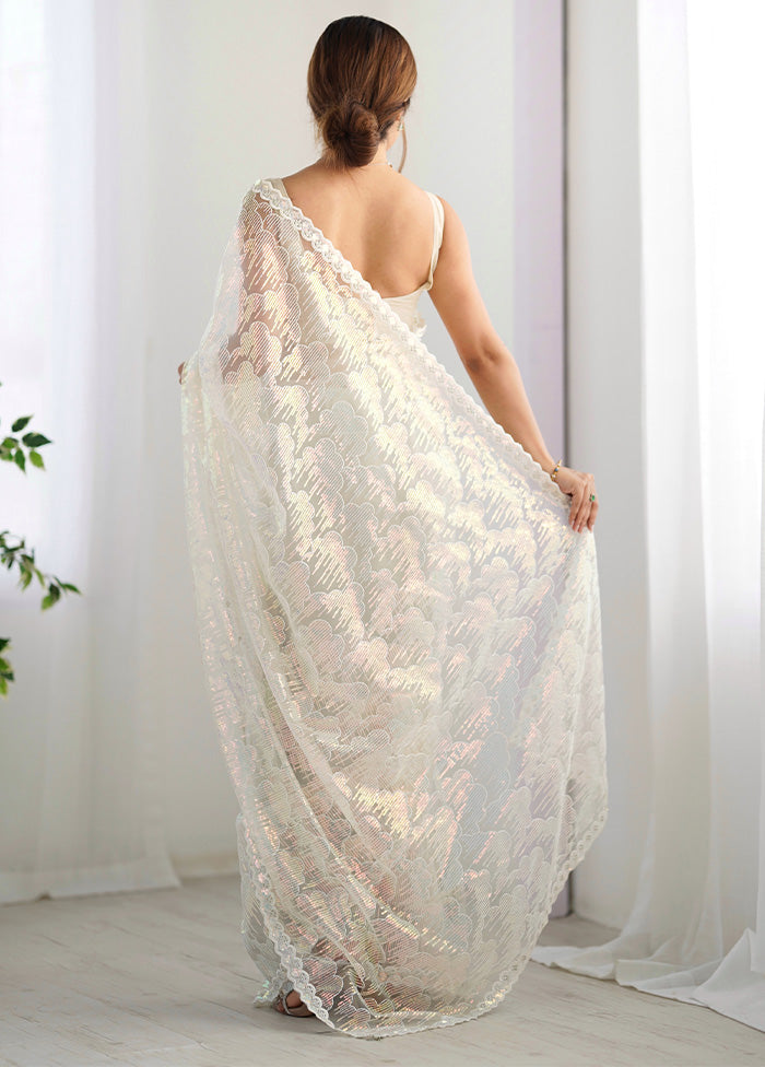 Cream Net Net Saree With Blouse Piece Outlet Clearance