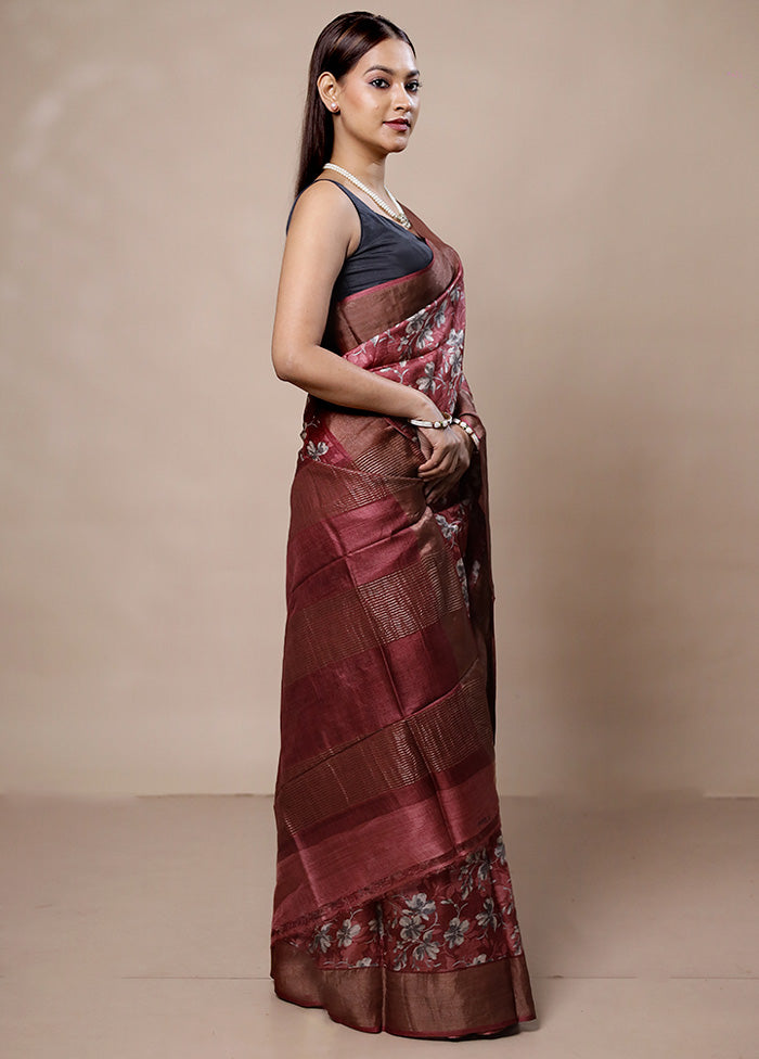 Pink Tussar Silk Saree With Blouse Piece Inexpensive For Sale