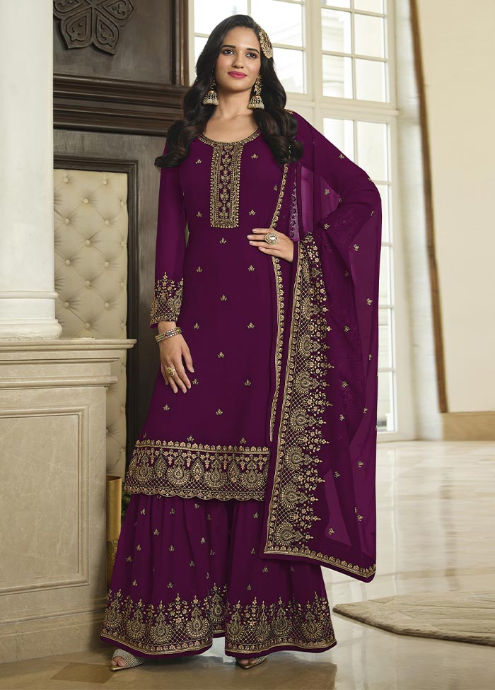 3 Pc Purple Semi Stitched Georgette Suit Set In China