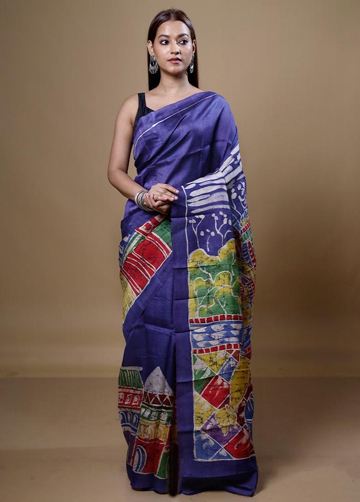 Blue Printed Pure Silk Saree Without Blouse Piece Clearance Manchester Great Sale