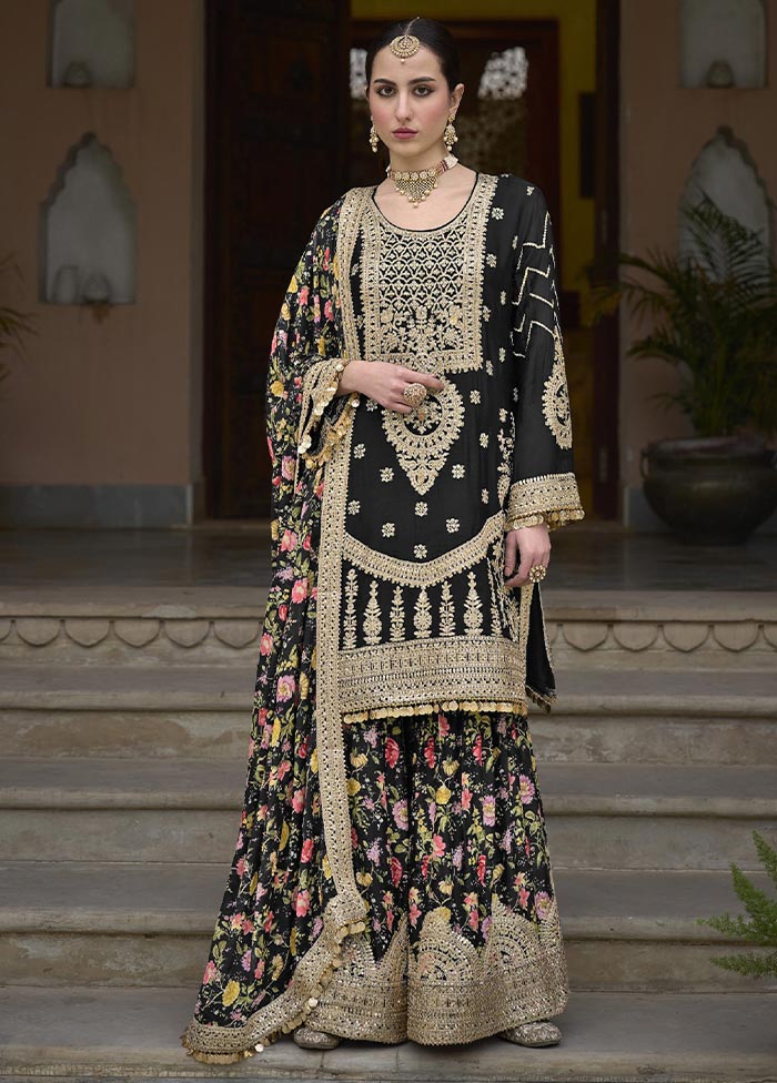 3 Pc Black Semi Stitched Silk Suit Set Free Shipping Online