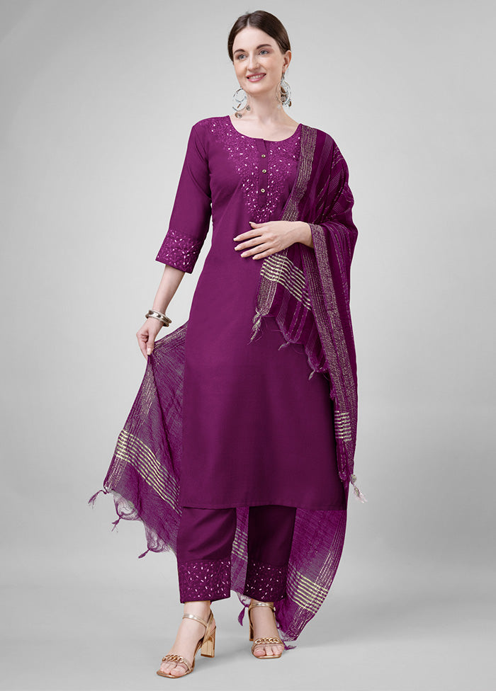 3 Pc Purple Readymade Cotton Suit Set Online For Sale