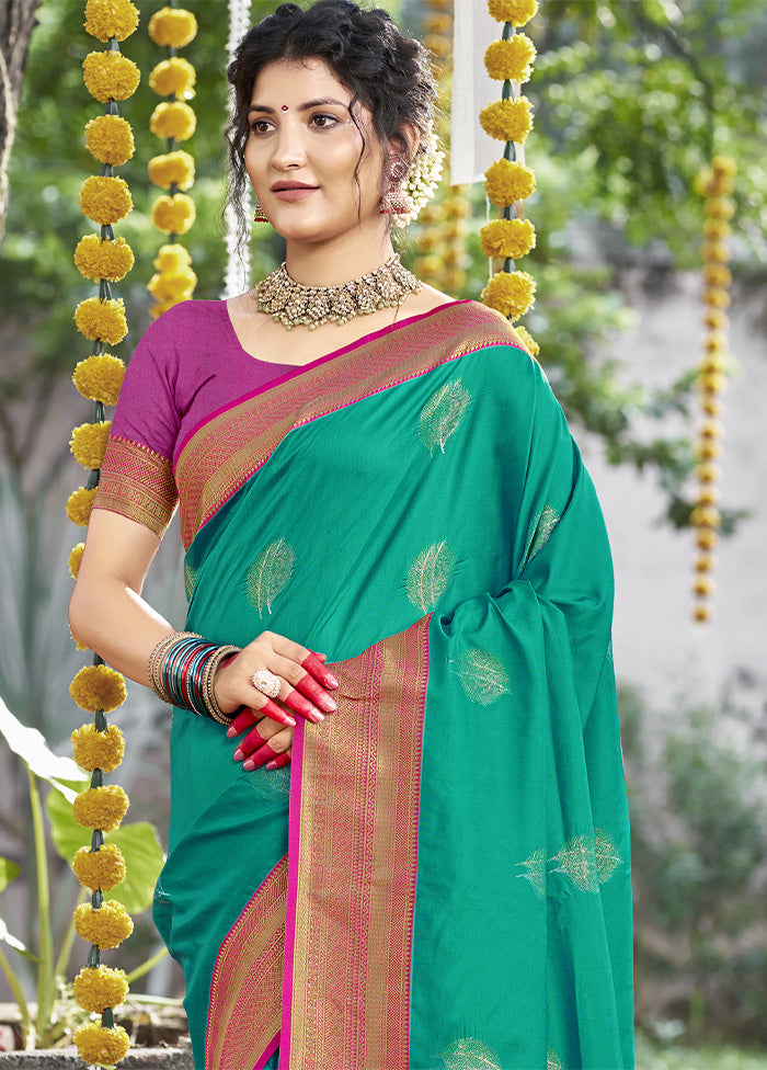 Teal Green Dupion Silk Saree With Blouse Piece Cheap Sale 100% Authentic