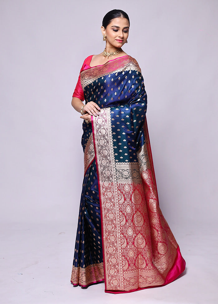 Blue Banarasi Silk Saree With Blouse Piece Genuine Cheap Online