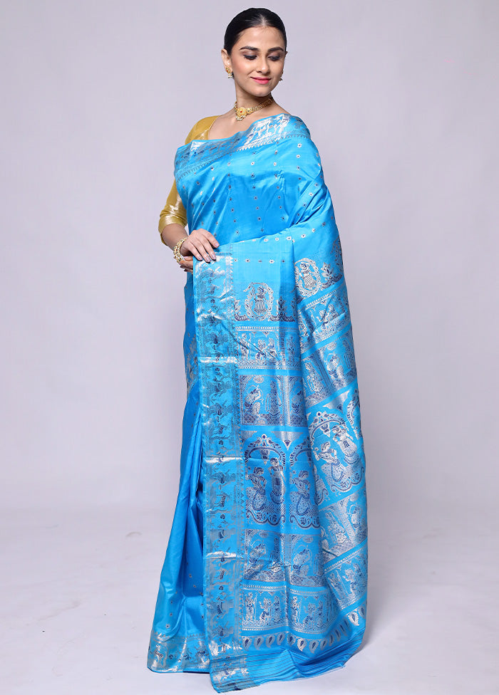 Blue Handloom Baluchari Pure Silk Saree With Blouse Piece Sale Genuine