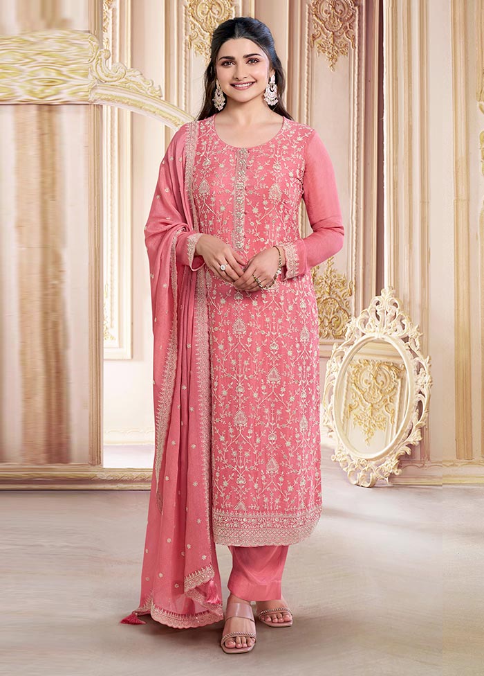 3 Pc Pink Semi Stitched Silk Suit Set Official For Sale