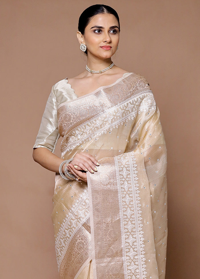 Cream Tissue Silk Saree With Blouse Piece Cheap Sale Purchase