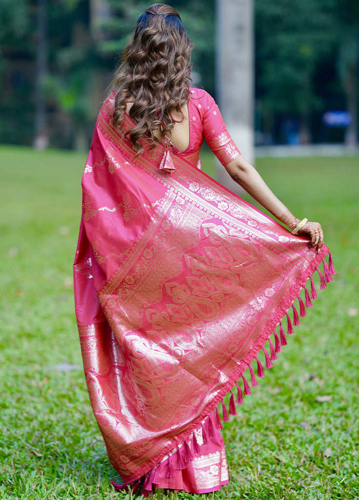 Pink Banarasi Silk Saree With Blouse Piece Clearance Online Official Site