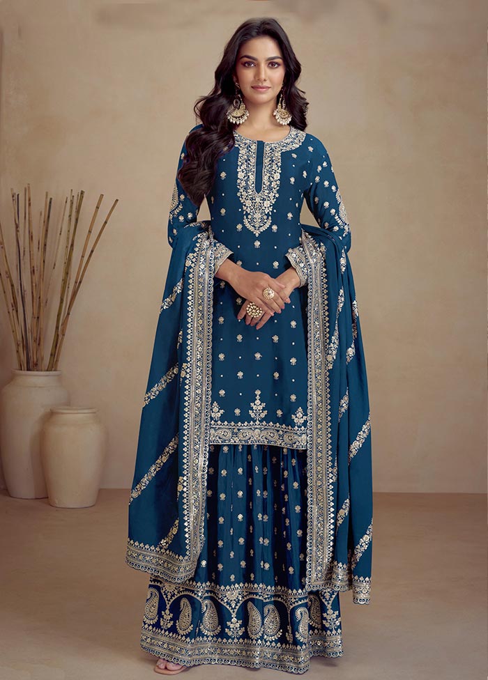 3 Pc Teal Blue Semi Stitched Silk Suit Set Discounts