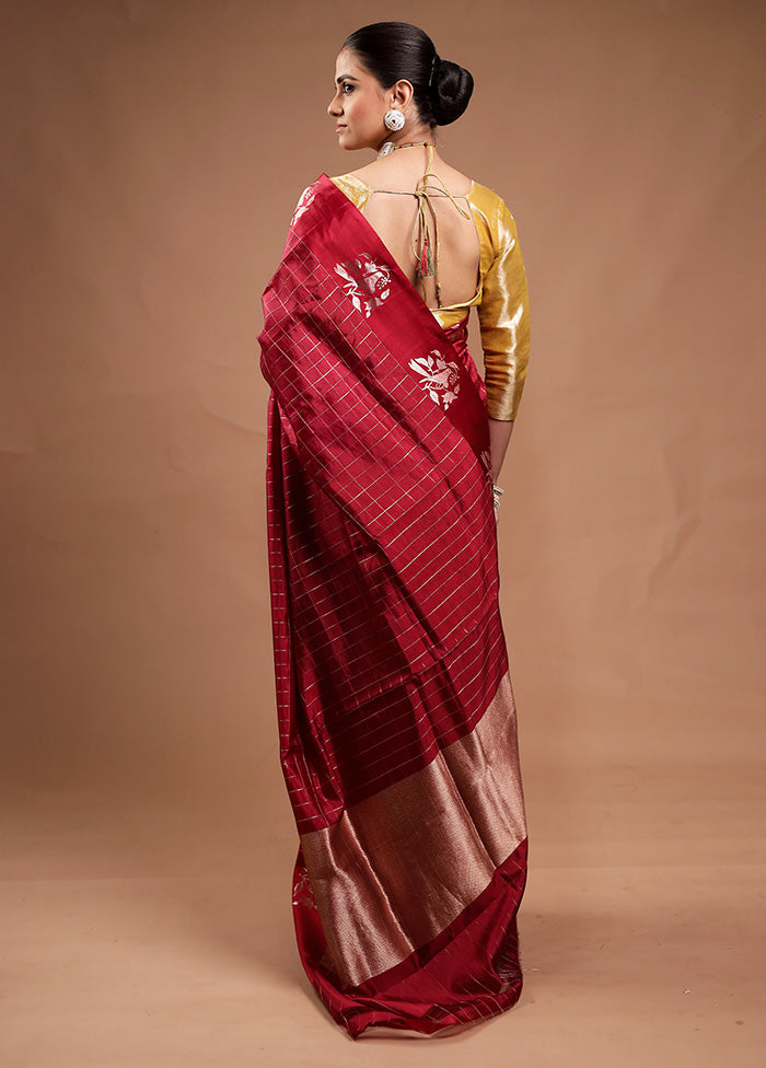 Maroon Handloom Katan Pure Silk Saree With Blouse Piece Discount For Cheap