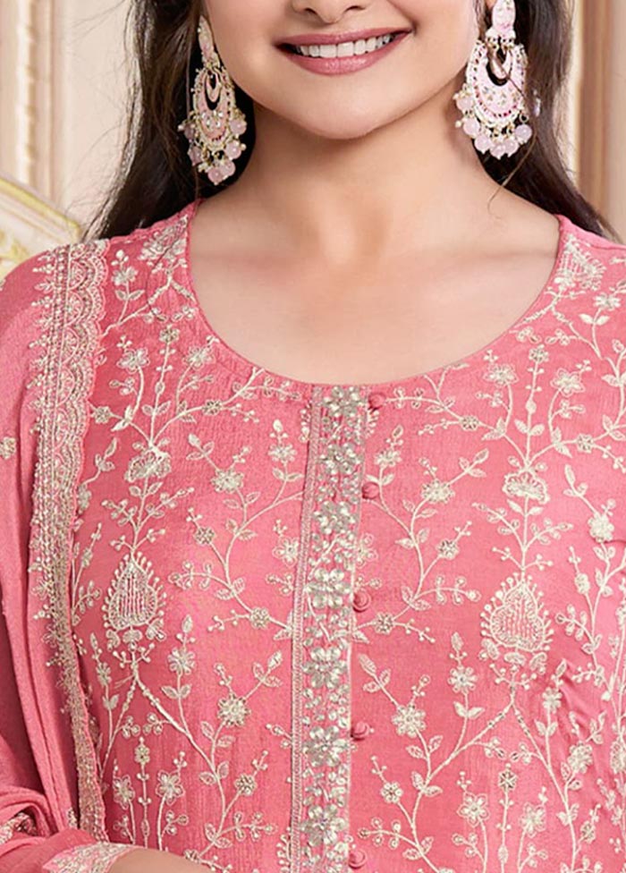 3 Pc Pink Semi Stitched Silk Suit Set Official For Sale