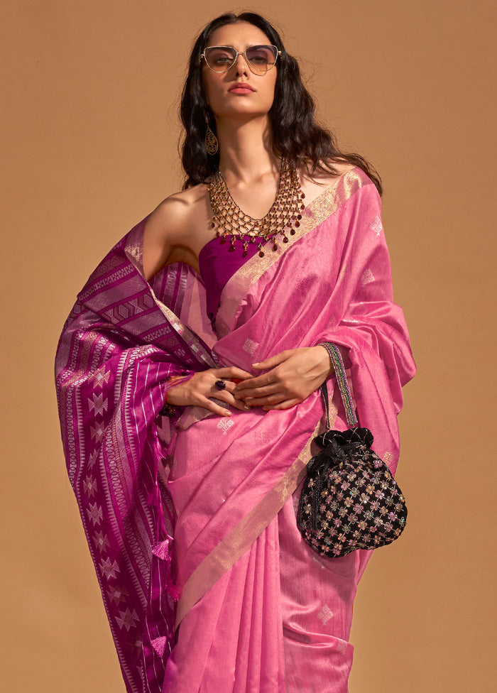 Pink Spun Silk Saree With Blouse Piece Clearance With Mastercard